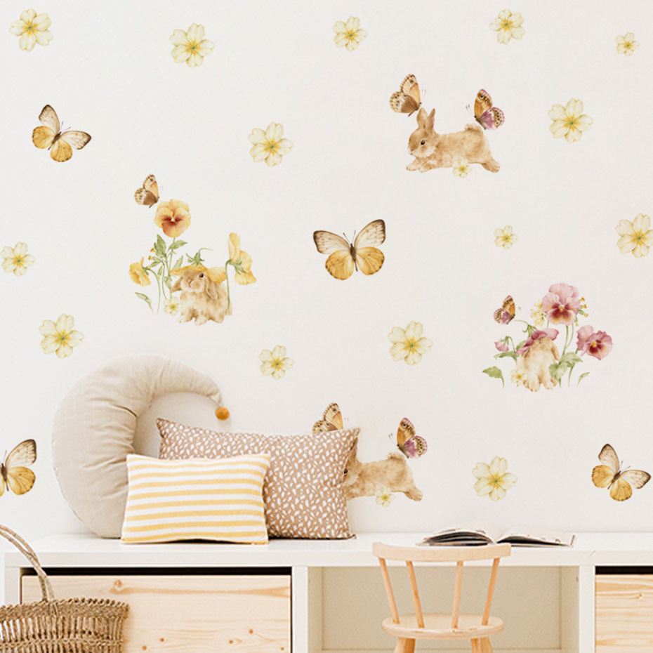 Baby Nursery Yellow Walls - Butterfly Wall Decals Rabbit Wall Stickers