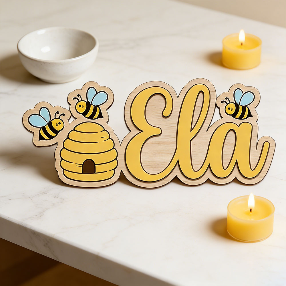 Baby Nursery Decor Girl - Personalized Cute Bee Hive Name Wooden