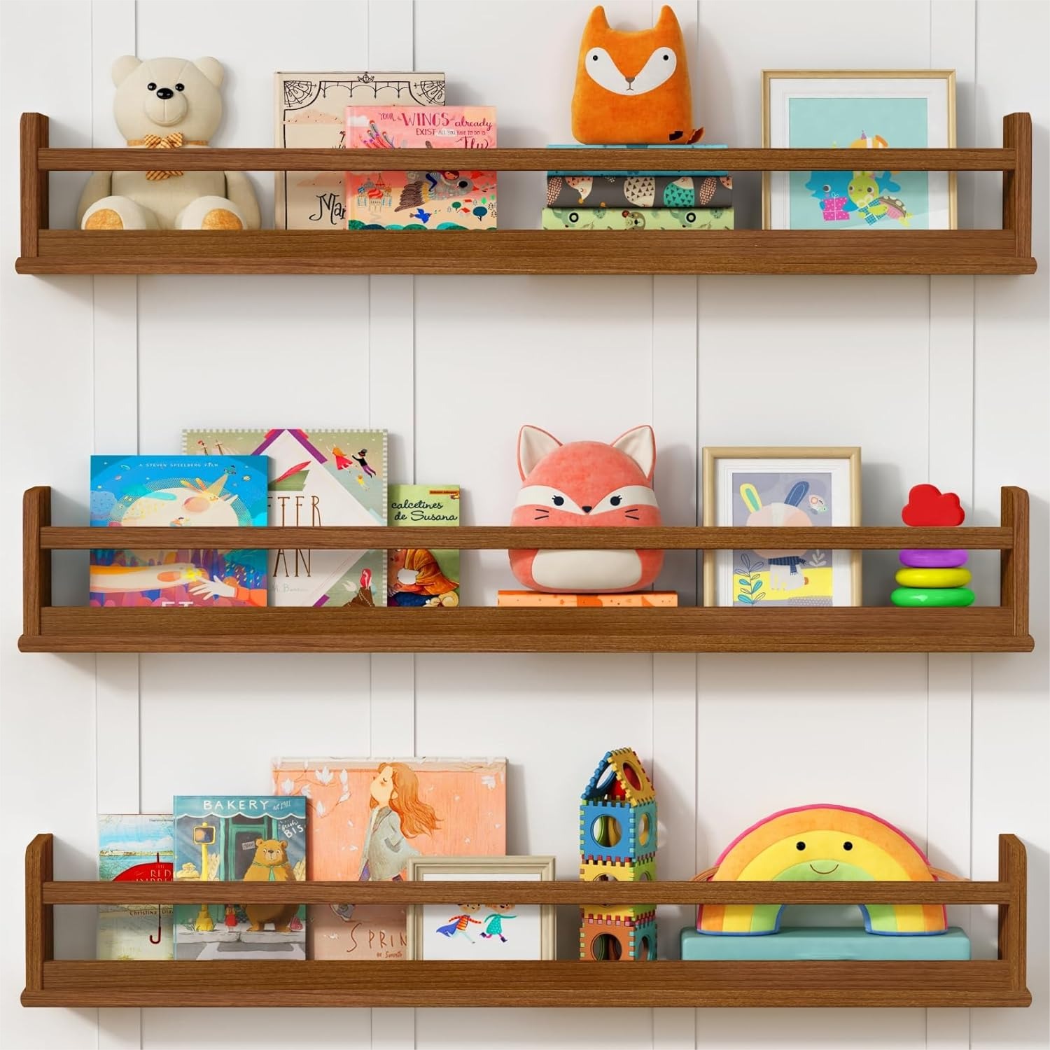 Baby Nursery Shelf - Dark Wood Wall Bookshelf For Kids