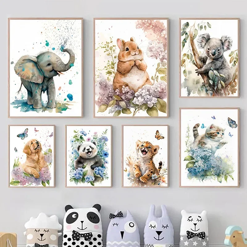 Baby Nursery Animal Pictures - Elephant Panda Tiger Koala Cat Cartoon