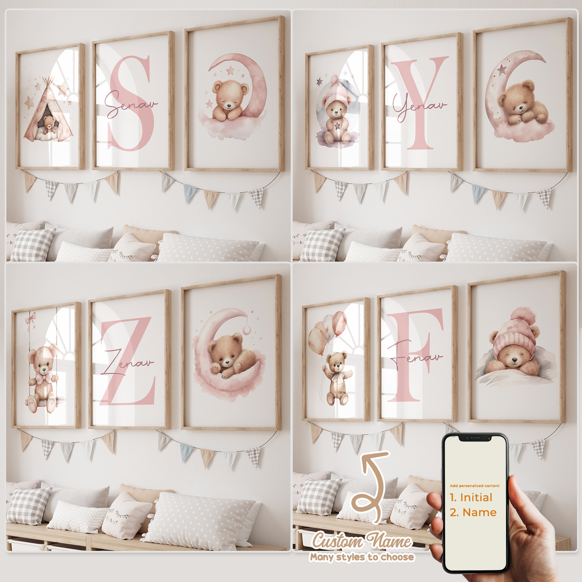Baby Nursery Decor Girl - 3pcs Personalized Custom Name Cartoon Pink