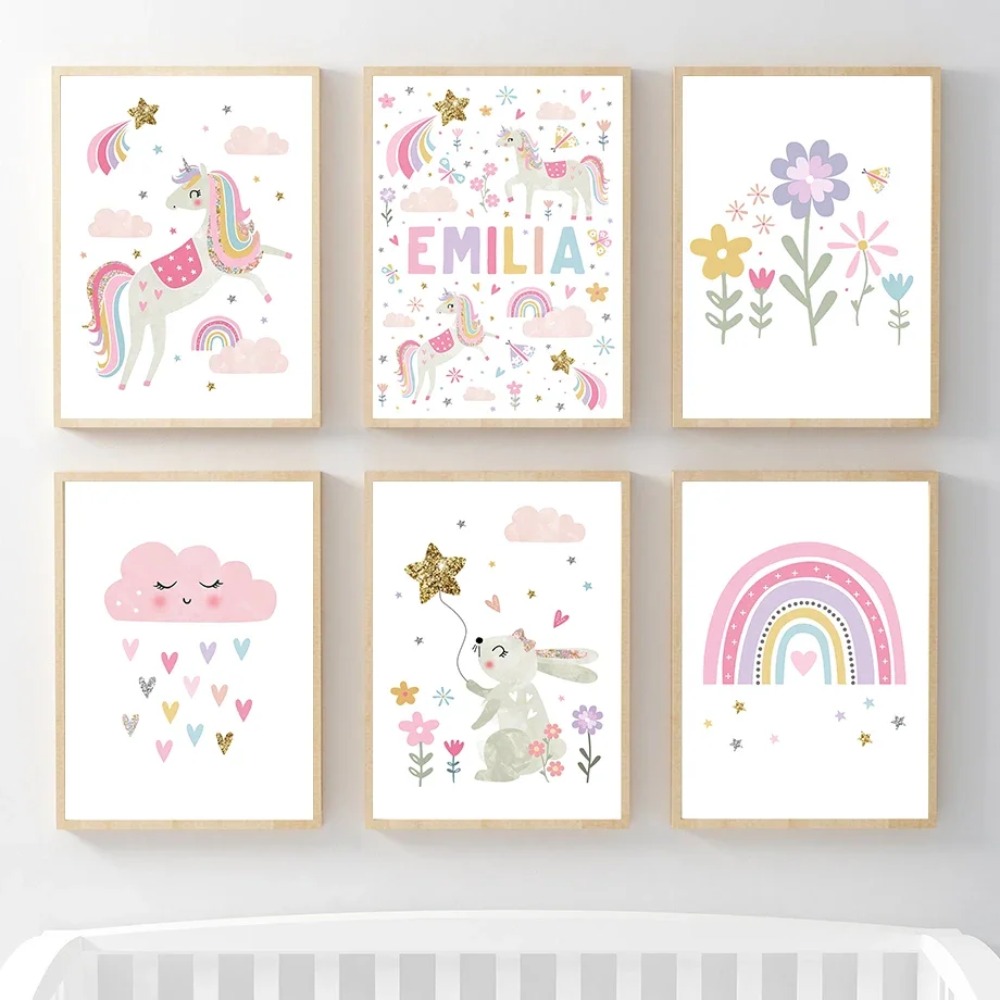 Baby Nursery Ornaments - Pink Unicorn Rabbit Rainbow Cloud Flower