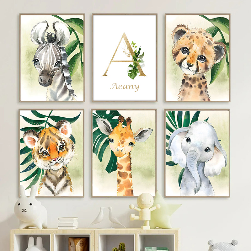 Gold Kids Name Poster Jungle A - Baby Nursery Animal Pictures avaliação e preço