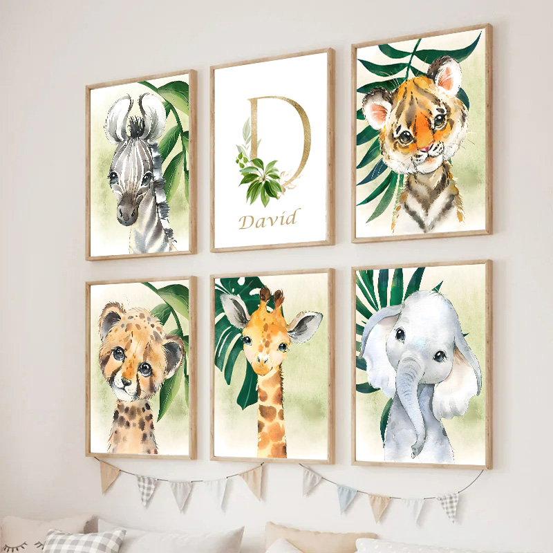 Gold Kids Name Poster Jungle A - Baby Nursery Animal Pictures avaliação e preço