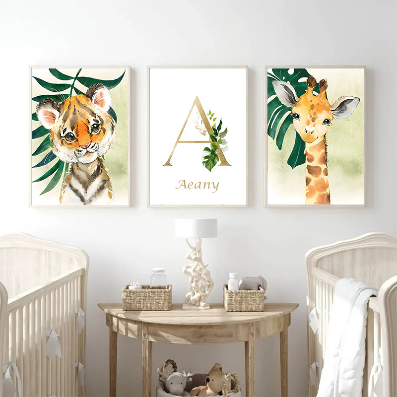 Gold Kids Name Poster Jungle A - Baby Nursery Animal Pictures avaliação e preço