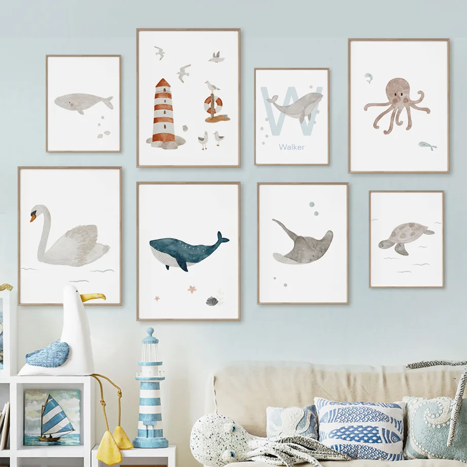 Custom Name Whale Octopus Turt - Baby Nursery Animal Pictures avaliação e preço