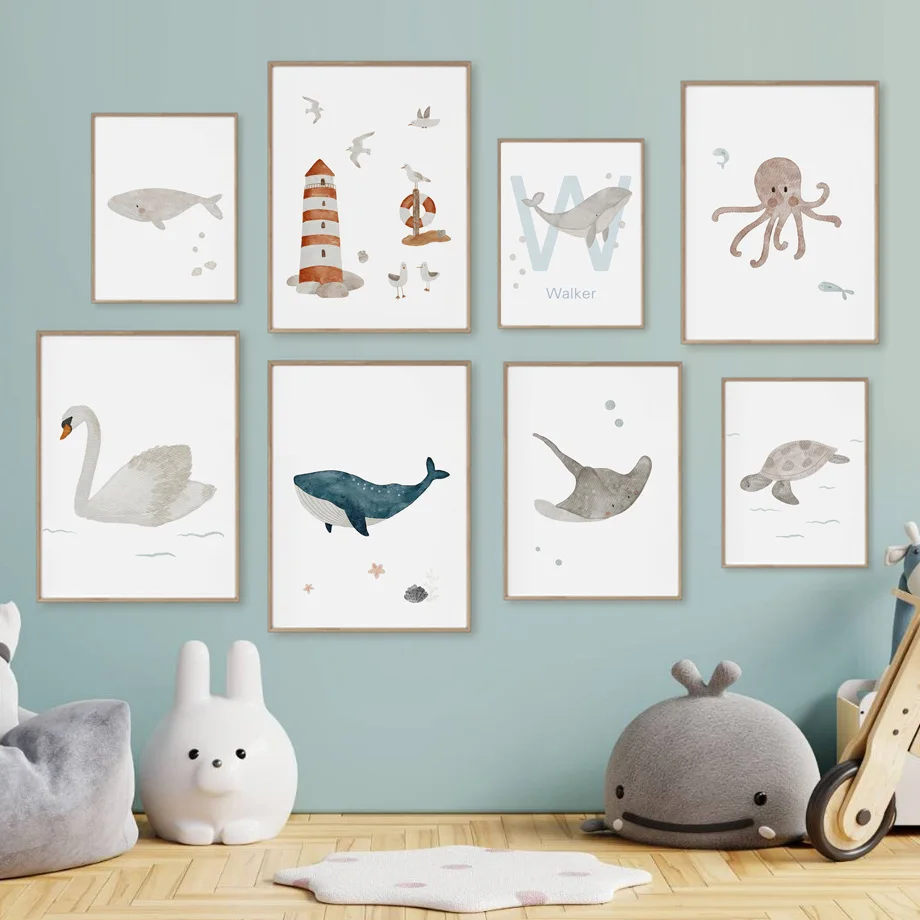 Custom Name Whale Octopus Turt - Baby Nursery Animal Pictures avaliação e preço