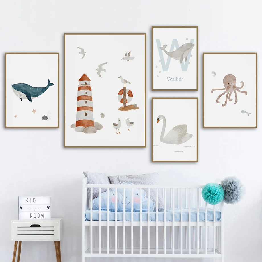 Custom Name Whale Octopus Turt - Baby Nursery Animal Pictures avaliação e preço